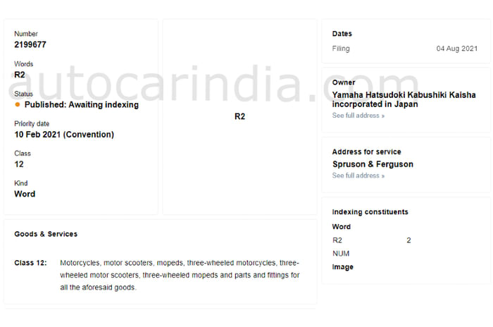 Yamaha files trademark for R2 nametag